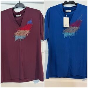 Jeweled Feather Women's Tops - Maroon and Blue